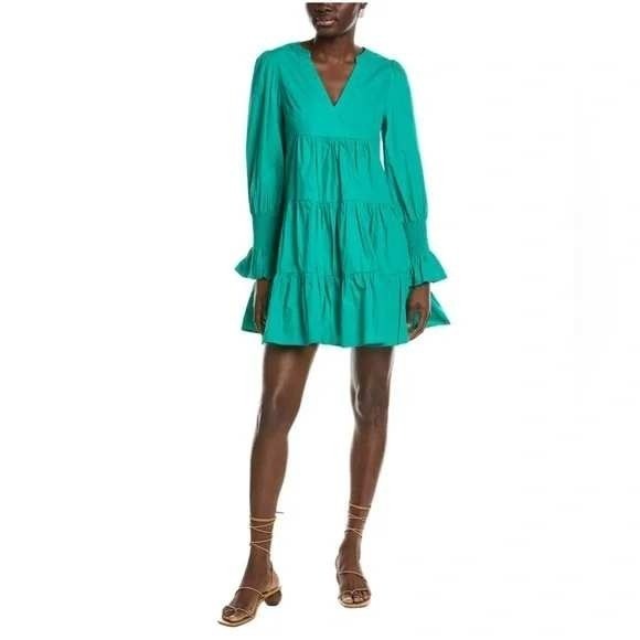 Optavia Dresses & Skirts - OPT Anthropologie Bay Mini Dress Emerald Green Cotton Small Tiered Smock Sleeve